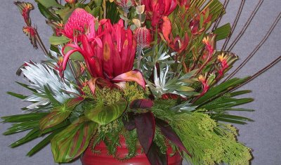 Red and green flower arrangement