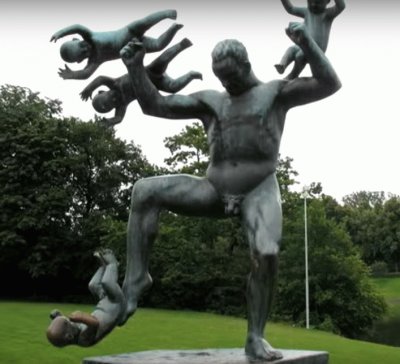 Sculpture of Man balancing babies