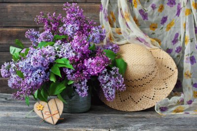 Pretty Lilacs and Wicker Hat