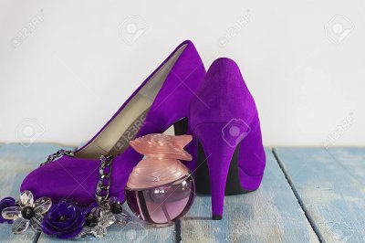 Fuchsia Velvet Shoes, Necklace and Perfume