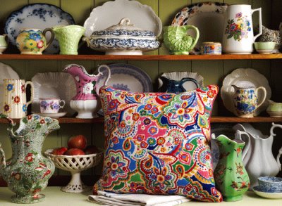 Tapestry Cushion with Antique Vases and China