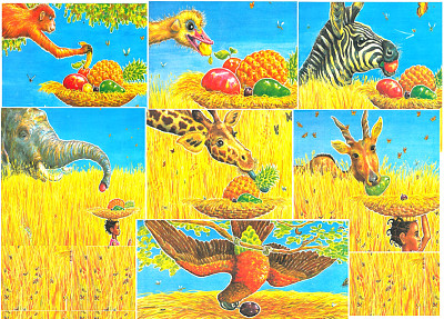 פאזל של animales y frutas del cuento