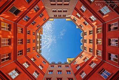 Orange red octagon building