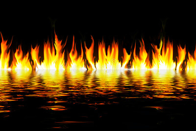 Flames over water.