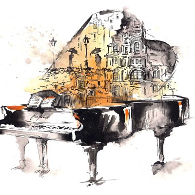 piano, watercolor