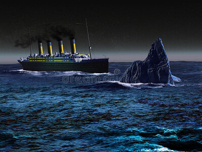 The Titanic liner, sailing on the ocean by night,