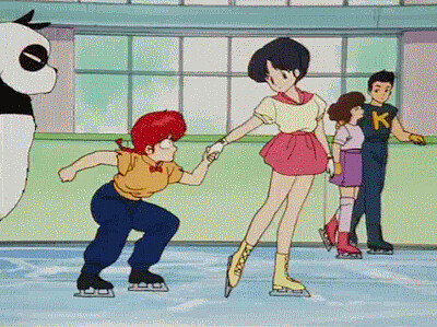 ranma no sabe patinar en una pista de hielo