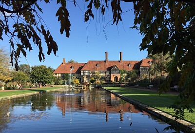 RHS Wisley, view over lily pond