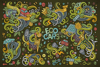 vector doodle cartoon set of Electric cars