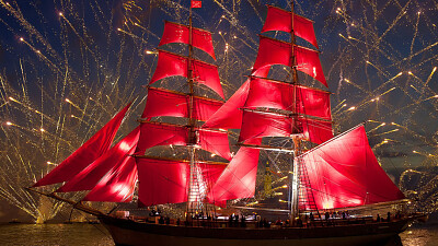 Ship with red sails Fireworks celebration