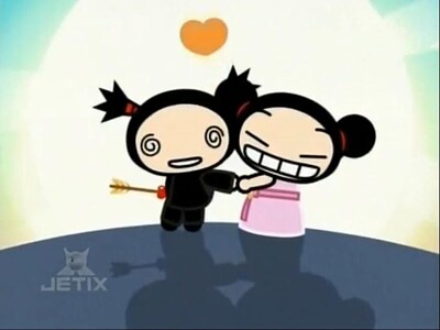 pucca flecho a garu con una flecha de cupido pucca