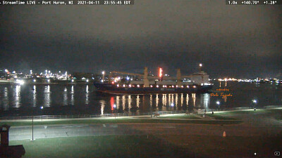 m/v BBC Oregon heading under the Blue Water Bridge at night