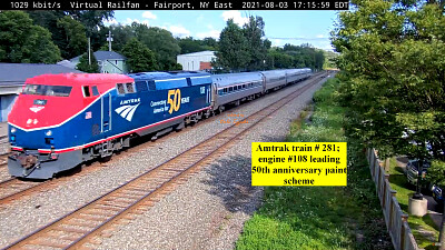 Amtrak train 281  engine #-108 leading. (50th aniv paint scheme