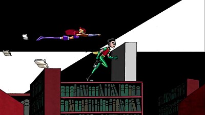 robin y starfire huyen de unos libros los jovenes titanes