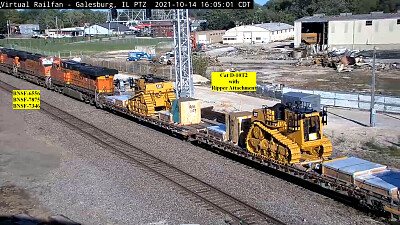 BNSF-6556,BNSF-7875,BNSF-7346,Cat tractors onflat cars Galesburg,ILL