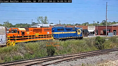 Blue and Orange locomotives as power lash-up at Cordele,GA/USA