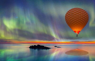Hot Air Balloon against Aurora Borealis