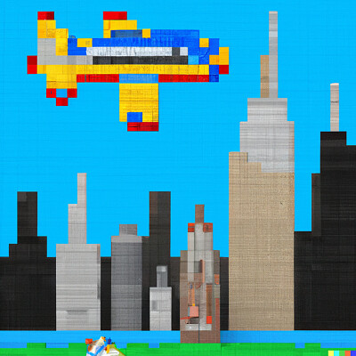 Pixelate Lego world with city and an airplane