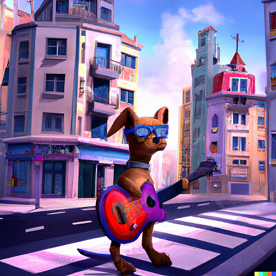 Guitar shaped dog in the city, digital art