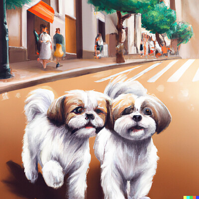 Cute dogs walking down the street, realistic