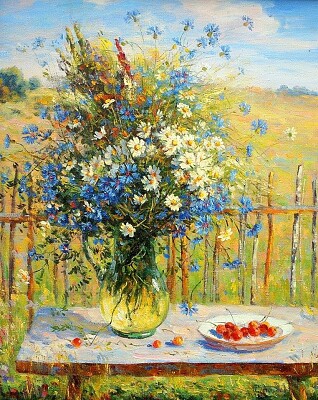 margaritas y flores azules