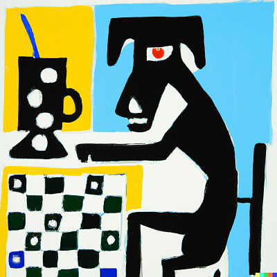 Oil painting by Matisse of a dog playing chess jigsaw puzzle
