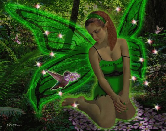 Hada verde en el bosque con ave