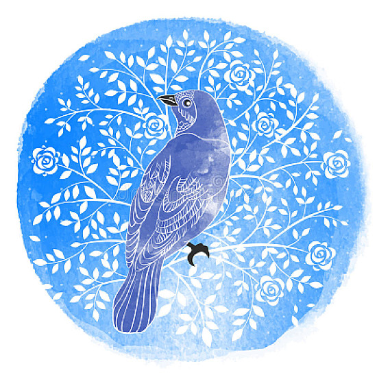 Birds and flowers on water color background.