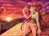Niña de cabello rosado sentada en el techo