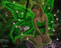 Hada verde en el bosque con ave